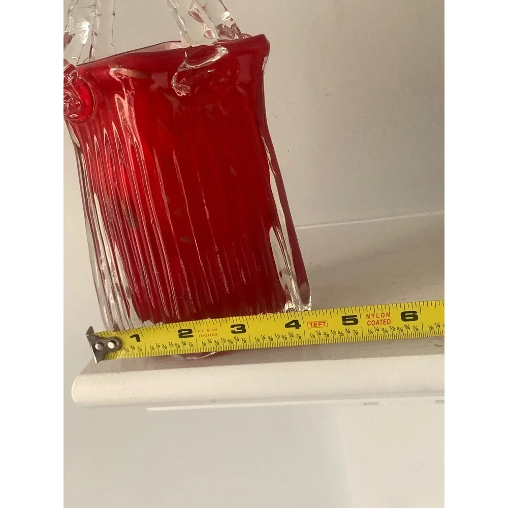 Hand Blown Red Glass Purse Vase Gold‎ Aventurine Flecks Ribbed Art Glass Handbag
